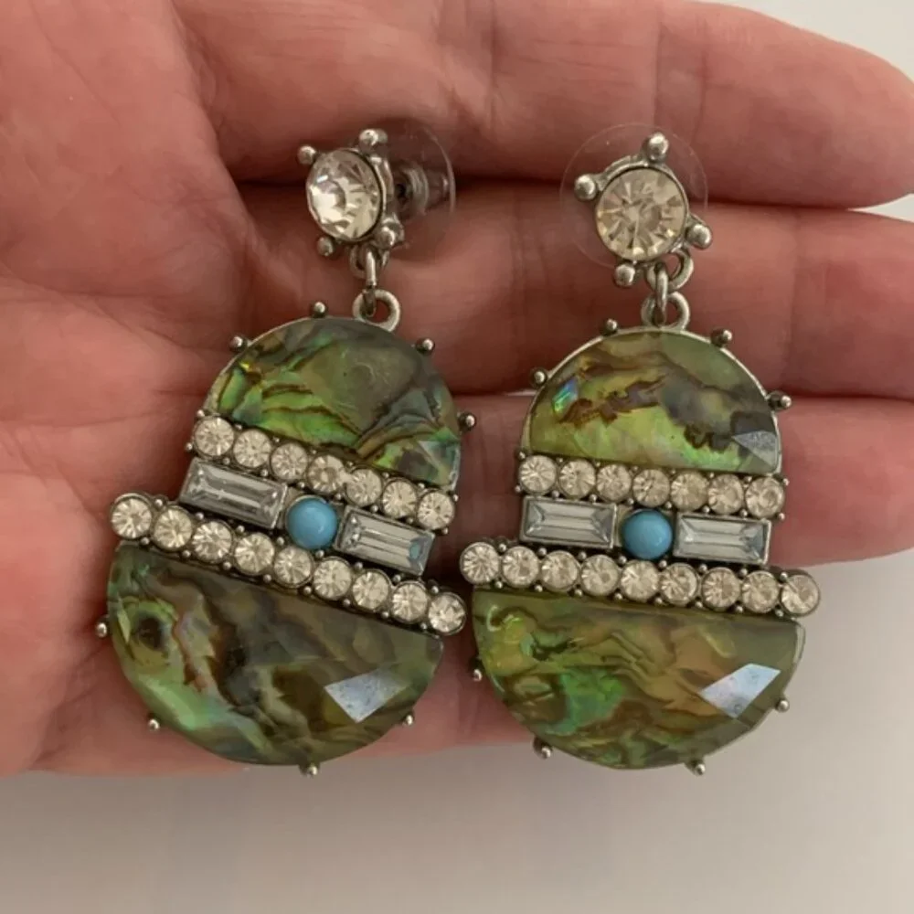 Turquoise color earrings w Rhinestones VTG Jangle earrings post back 2in long